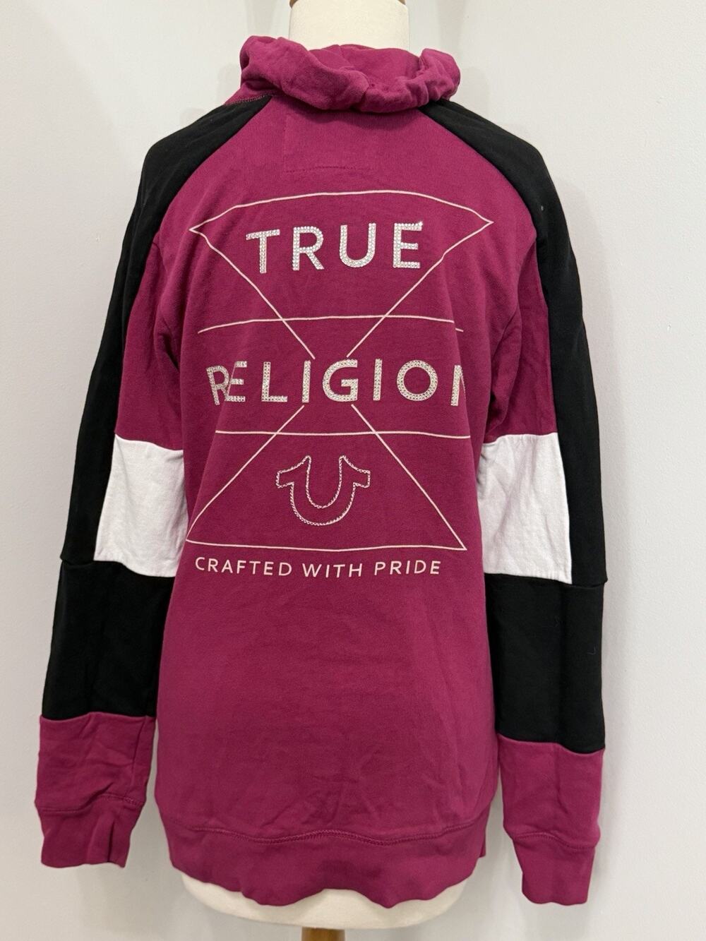 True Religion Zip Cowl Pullover Sweatshirt Pink/black Rhinestone L Large